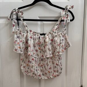 F21 White Ruffle Floral Sheer Off-The-Shoulder Tie Strap Tank Top (size M)